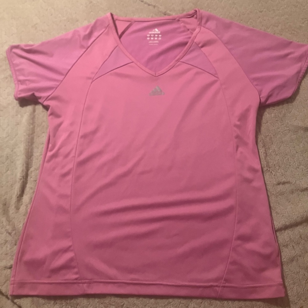 Adidas Climalite 3 Stripes Pink V-Neck T-Shirt Tee Size S